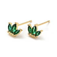 Cubic Zirconia Crown Stud Earrings, Real 18K Gold Plated Brass Jewelry for Women, Cadmium Free & Nickel Free & Lead Free, Green, 6.5x8mm, Pin: 0.7mm(EJEW-G297-12G-02)