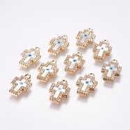 Brass Micro Pave Cubic Zirconia Pendants, with Shell, Cross, Real 18K Gold Plated, 17x11x2.5mm, Hole: 1.5mm(KK-F738-28G)