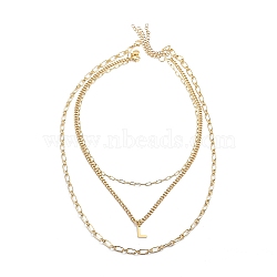 3Pcs 3 Style Brass Initial Letter L 304 Stainless Steel Pendant Necklaces Set, Brass Curb & Paperclip Chains Stackable Necklaces for Women, Golden, 14.57~21.65 inch(37~55cm), 1Pc/style(NJEW-JN04010)