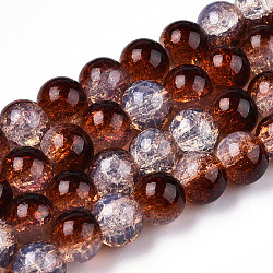 Transparent Crackle Baking Painted Glass Beads Strands, Imitation Opalite, Round, Coconut Brown, 10x9.5mm, Hole: 1.4mm, about 80pcs/strand, 30.87 inch(78.4cm)(DGLA-T003-01C-16)