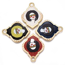 Eco-Friendly Printed Alloy Pendants, with Enamel and ABS Plastic Imitation Pearl, Cadmium Free & Nickel Free & Lead Free, Woman Pattern, Light Gold, Mixed Color, 36.5x28.5x3mm, Hole: 3.5mm(ENAM-N050-49-NR)