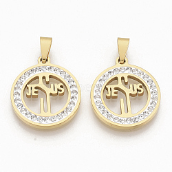 Religion Theme 201 Stainless Steel Pendants, with Random Size Snap On Bails and Polymer Clay Crystal Rhinestones, Flat Round with JESUS, Golden, 23x20x2.5mm, Hole: 8~10x3~5mm(STAS-N089-32G)