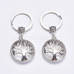 Natural Quartz Crystal Keychain, with Brass Finding, Flat Round with Tree of Life, 64mm(KEYC-G043-C07)