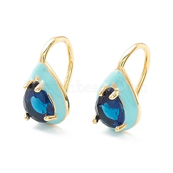 Teardrop Cubic Zirconia Dangle Earrings with Enamel for Women, Real 18K Gold Plated Brass Earrings, Cadmium Free & Nickel Free & Lead Free, Marine Blue, 15.5x9mm, Pin: 1mm(EJEW-P196-01G-03)