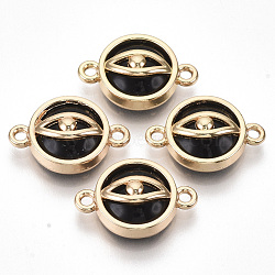 Glass Links connectors, with Light Gold Plated Alloy Findings, Flat Round with Eye, Black, 13.5x19.5x6mm, Hole: 1.6mm(X-GLAA-T015-07A)