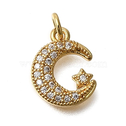 Rack Plating Brass Micro Pave Cubic Zirconia Pendants, Long-Lasting Plated, Lead Free & Cadmium Free, Real 18K Gold Plated, Moon Charms, with Jump Ring, Clear, 14x11x2mm, Hole: 3mm(ZIRC-F142-13C-G)