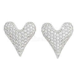 Brass Micro Pave Clear Cubic Zirconia Stud Earrings, Heart, Platinum, 16mm(EJEW-U005-12C-P)