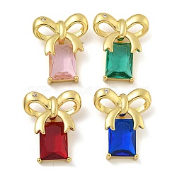 Rack Plating Brass Micro Pave Cubic Zirconia Pendants, with Glass, Long-Lasting Plated, Cadmium Free & Lead Free, Real 18K Gold Plated, Rectangle & Bowknot, Mixed Color, 26x21x8mm, Hole: 2x5.5mm(KK-I718-14G)