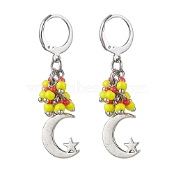 Tibetan Style Alloy Dangle Leverback Earrings, Glass Seed Cluster Earrings, Moon, 41mm(EJEW-MZ00119-02)