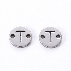 201 Stainless Steel Links, Laser Cut, Flat Round with Letter, Letter.T, 6x6x1mm, Hole: 0.8mm(X-STAS-R112-01T)