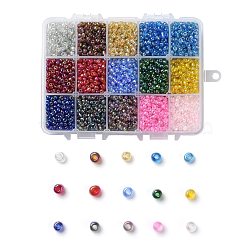 375G 15 Colors Glass Seed Beads, Transparent Colours Rainbow, Round, Mixed Color, 6/0, 4~5x2.5~4.5mm, Hole: 1.2~1.5mm, 25g/color(SEED-JP0004-05-4mm)