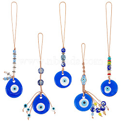 PandaHall Elite 5Pcs 5 Style Handmade Glass Evil Eye Pendant Decorations, with Alloy Beads, Polyester Cord, Blue, 140~174mm, 1pc/style(HJEW-PH0001-47)