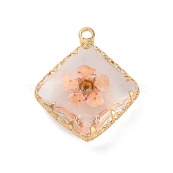 Brass Resin Pendants, with Dried Flower, Real 14K Plated, Long-Lasting Plated, Rhombus, PeachPuff, 22x19x7.5mm, Hole: 1.8mm(KK-U042-16G-02)