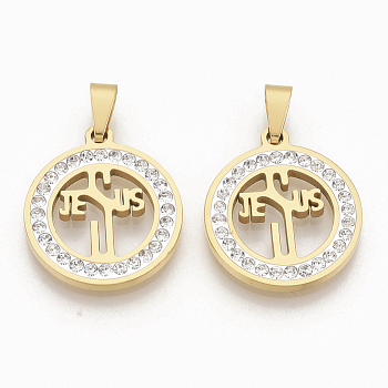 Religion Theme 201 Stainless Steel Pendants, with Random Size Snap On Bails and Polymer Clay Crystal Rhinestones, Flat Round with JESUS, Golden, 23x20x2.5mm, Hole: 8~10x3~5mm