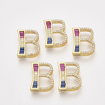 Brass Cubic Zirconia Slide Charms, Real 14K Gold Plated, Colorful, Letter, Letter.B, 18x14.5x5mm, Hole: 1.5x4mm and 1.5x6mm