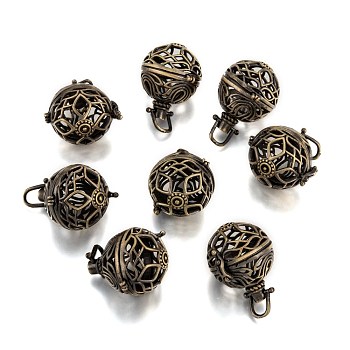 Round Brass Hollow Cage Pendants, For Chime Ball Pendant Necklaces Making, Lead Free & Cadmium Free, Brushed Antique Bronze, 31x29x25mm, Hole: 6x7mm, inner: 21mm