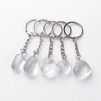 Natural Crystal Keychain, with Iron Findings, Platinum, 85~94mm