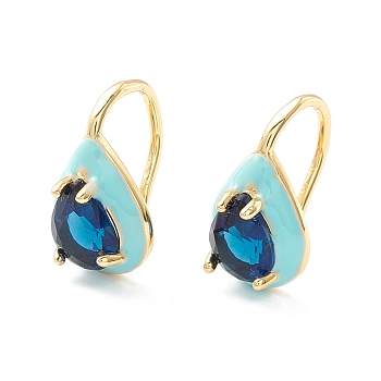 Teardrop Cubic Zirconia Dangle Earrings with Enamel for Women, Real 18K Gold Plated Brass Earrings, Cadmium Free & Nickel Free & Lead Free, Marine Blue, 15.5x9mm, Pin: 1mm