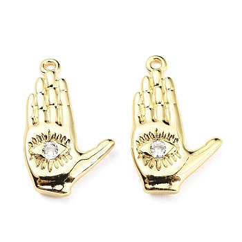 Brass Micro Pave Clear Cubic Zirconia Pendants, Palm with Eye Charms, Real 18K Gold Plated, 21x13x3mm, Hole: 1mm