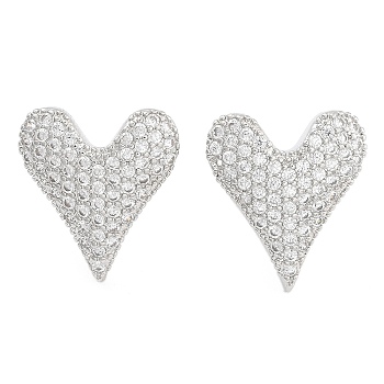 Brass Micro Pave Clear Cubic Zirconia Stud Earrings, Heart, Platinum, 16mm