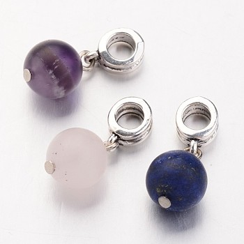 Natural Gemstone European Dangle Charms, Round, Antique Silver, 22mm, Hole: 5mm