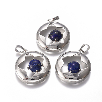 Natural Lapis Lazuli Pendants, with Platinum Tone Brass Findings, Flat Round with Star, Dyed, 31.5x28x10.5mm, Hole: 4.5x7.5mm