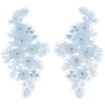 1Pair Flower Shape Polyester & Sequin Embroidery Cloth Iron On Patches, Costume Accessories, Paillette Appliques, with ABS Imitation Pearl, Sky Blue, 340x160x1~7mm