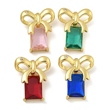 Rack Plating Brass Micro Pave Cubic Zirconia Pendants, with Glass, Long-Lasting Plated, Cadmium Free & Lead Free, Real 18K Gold Plated, Rectangle & Bowknot, Mixed Color, 26x21x8mm, Hole: 2x5.5mm