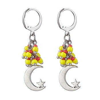 Tibetan Style Alloy Dangle Leverback Earrings, Glass Seed Cluster Earrings, Moon, 41mm