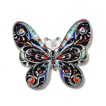 Printed Acrylic Pendants, with Sequins, Butterfly Charm, Black, 30.5x34.5x2.5mm, Hole: 1.6mm