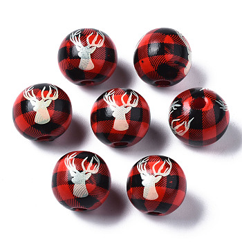 Painted Natural Wood European Beads, Large Hole Beads, Printed, Christmas, Round with Reindeer, Red, 16x15mm, Hole: 4mm