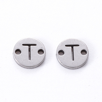 201 Stainless Steel Links, Laser Cut, Flat Round with Letter, Letter.T, 6x6x1mm, Hole: 0.8mm