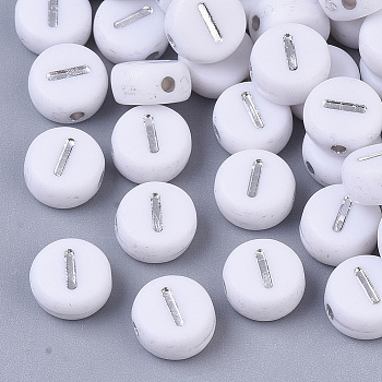 Plating Acrylic Beads, Silver Metal Enlaced, Horizontal Hole, Flat Round with Letter, White, Letter.I, 7x4mm, Hole: 1.2mm