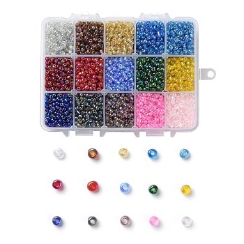 375G 15 Colors Glass Seed Beads, Transparent Colours Rainbow, Round, Mixed Color, 6/0, 4~5x2.5~4.5mm, Hole: 1.2~1.5mm, 25g/color