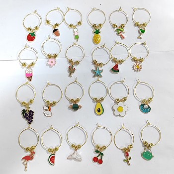 24Pcs 24 Style Summer Theme Alloy Enamel Wine Glass Charms, Goblet Marker, with Brass Wine Glass Charm Rings, Fruit & Drink & Tree, Golden, 42~65mm, 1pc/style
