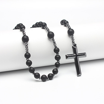 Frosted Synthetic Non-magnetic Hematite Round Beads Long Chain Cross Pendant Necklaces for Men