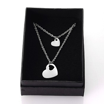 Two Tier Stainless Steel Necklaces, with Heart Pendants and Cable Chains, Stainless Steel Color, 15.9 inch(40.5cm), 1strand/box