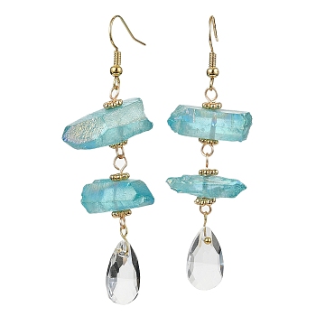 Dyed Natural Quartz Crystal Nugget & Teardrop Dangel Earrings, Real 18K Gold Plated Brass Long Drop Earrings, Light Blue, 66~70x20~25mm