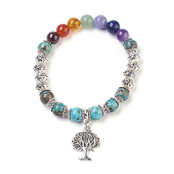 Chakra Jewelry, Natural Ocean Jasper and Mixed Stone Stretch Charm Bracelets, with Alloy Findings, Tree, 2-1/8 inch(5.5cm), Tree: 21x16.5x2mm