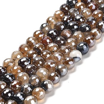 Electroplated Natural Agate Round Beads Strands, Dyed & Heated, Faceted(128 Facets), Saddle Brown, 8mm, Hole: 1.2mm, about 46pcs/strand, 14.96 inch(38cm)