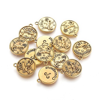 Tibetan Style Alloy Pendants, Cadmium Free & Lead Free, Flat Round with Mixed Constellation/Zodiac Sign, Antique Golden, 20x17x2mm, Hole: 2mm, about 175pcs/500g