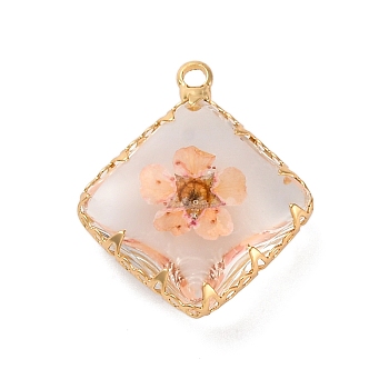 Brass Resin Pendants, with Dried Flower, Real 14K Plated, Long-Lasting Plated, Rhombus, PeachPuff, 22x19x7.5mm, Hole: 1.8mm