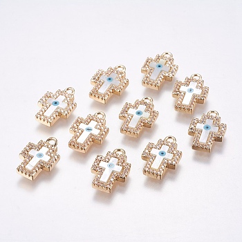 Brass Micro Pave Cubic Zirconia Pendants, with Shell, Cross, Real 18K Gold Plated, 17x11x2.5mm, Hole: 1.5mm
