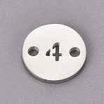 304 Stainless Steel Links, Flat Round with Number, Stainless Steel Color, Num.4, 10x1.1mm, Hole: 1.5mm(STAS-CJC0002-04-P)
