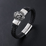 Punk Braided PU Leather Cord Bracelets, 304 Stainless Steel Lion Charm Bracelets for Men, with Magnetic Clasp, Antique Silver & Stainless Steel Color, 8.66 inch(22cm)(GT3002-1)