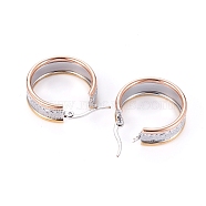 304 Stainless Steel Geometric Hoop Earrings for Women Girls, Hypoallergenic Earrings, Tri-color, Textured, Ring with Floral Pattern, Multi-color, 25x8.5mm, Pin: 1x0.6mm(STAS-D171-34M)