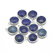 Synthetic Lapis Lazuli Pendants, with Brass Findings, Faceted, Dyed, Flat Round, Platinum, Blue, 19~21x15~16x6~7mm, Hole: 2mm(G-Q964-04P)