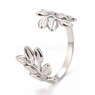 304 Stainless Steel Leaf Open Cuff Ring for Women, Stainless Steel Color, US Size 6 1/2(16.9mm)(RJEW-C025-09P)