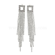 Clear Cubic Zirconia & Crystal Rhinestone Long Tassel Dangle Stud Earrings, Brass Earrings with 925 Sterling Silver Pins for Women, Platinum, Square Pattern, 110mm, Pin: 0.8mm(EJEW-C037-07C-P)