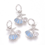 Brass Charms, with Micro Pave Cubic Zirconia, Enamel and Jump Rings, Starfish with Scallop, Clear & Sky Blue, Platinum, 10x8x2mm, Hole: 3.2mm(ZIRC-L070-79P)